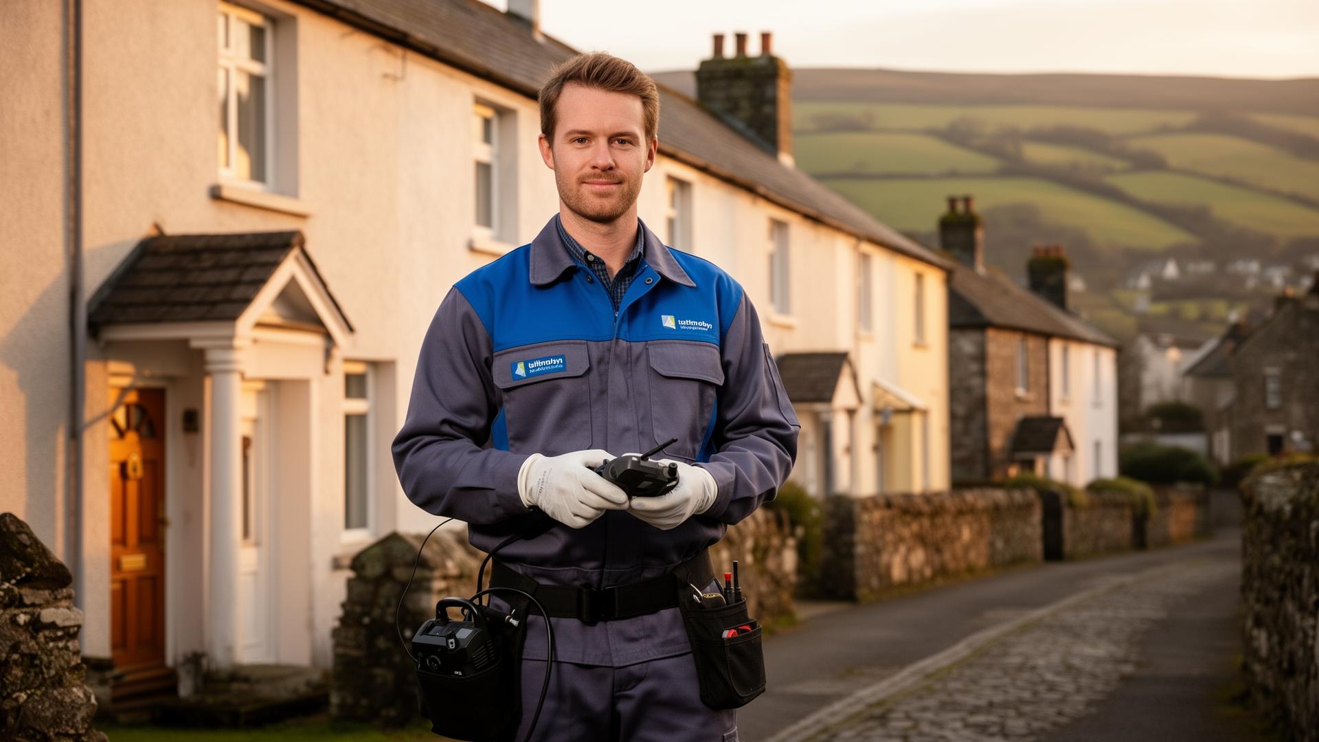 Aplus pest control technician on a job in a South Wales valley town