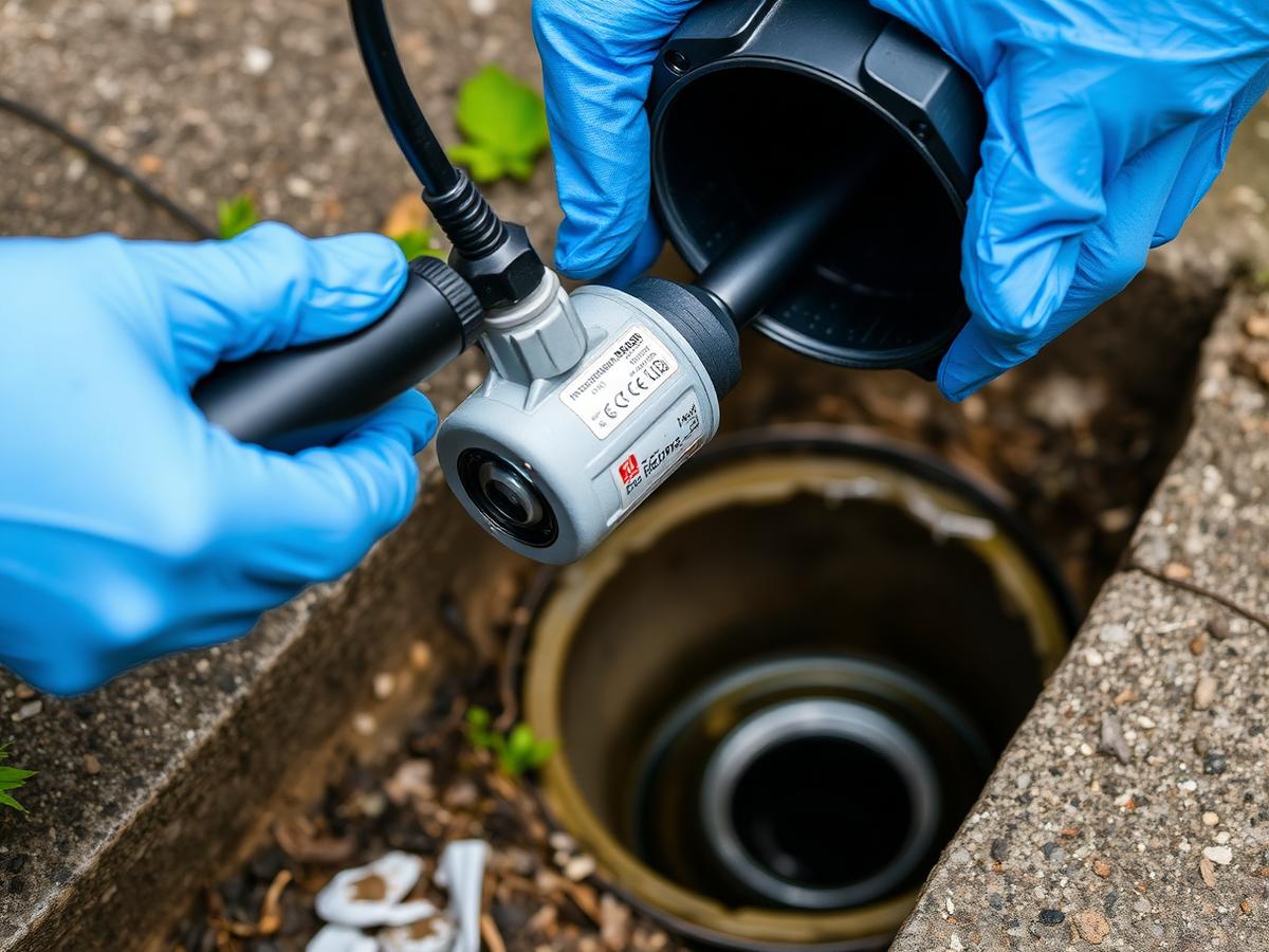 CCTV drain inspection camera being fed into an outdoor drain