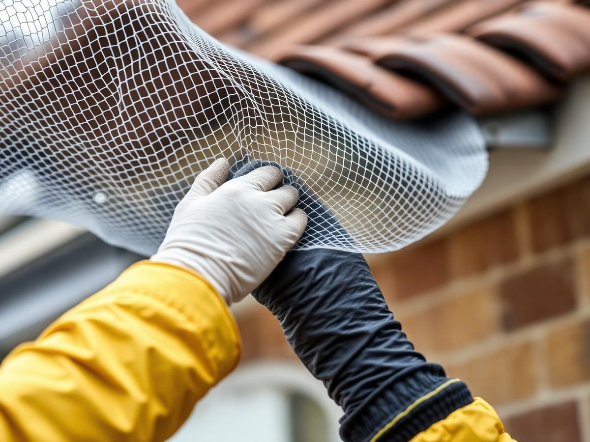 Pest control technician installing bird proofing netting